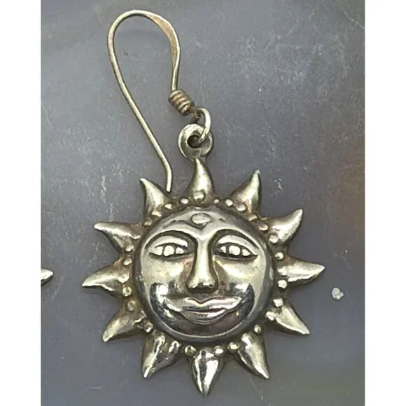 Vintage 925 Sterling Silver Smiling Sun Face Sunburst Dangle Drop Boho Earrings - Picture 4 of 9